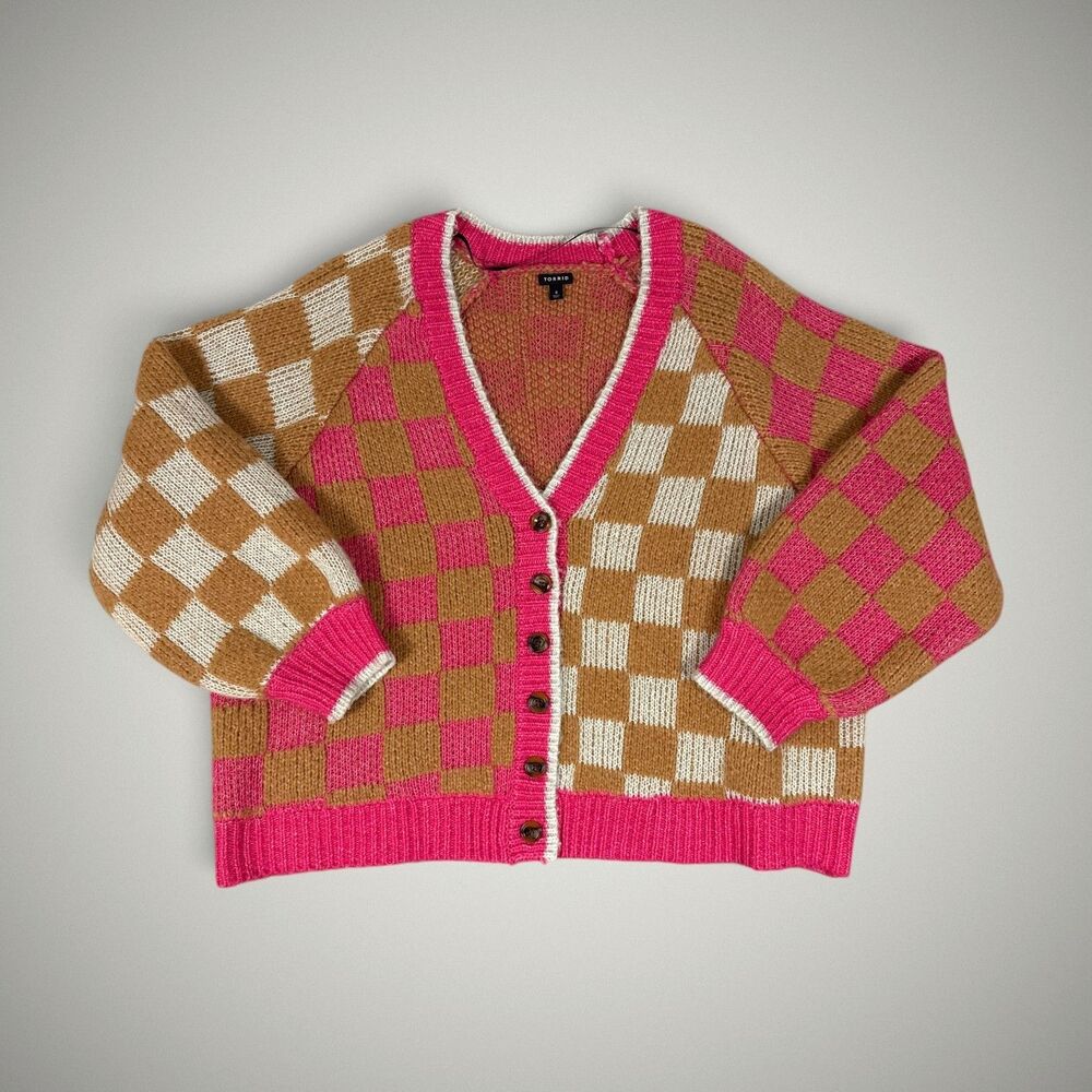 Torrid Women's Chunky Cardigan Pink Brown Checkerboard Button Front Size 4X